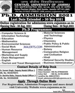 Central University Jammu Ph.D. Admission 2021.