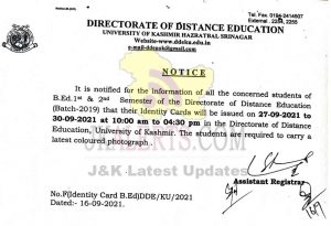 DDE Kashmir University Issuance of Identity Cards for B.Ed Students.