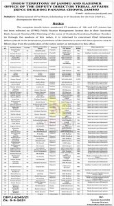 J&K Tribal Affairs Disbursement of Pre-Matric Scholarship.