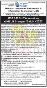 NIELIT Srinagar MCA, M.Sc IT courses selection list.