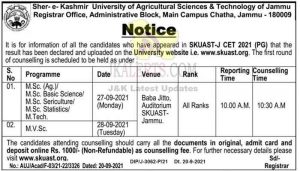 SKUAST Jammu Counselling Schedule 2021.
