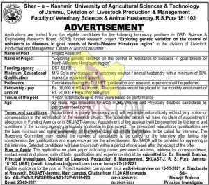 SKUAST Jammu jobs recruitment 2021 Project Assistant posts.