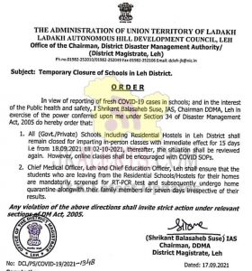 Temporary Closure of Schools in Leh Ladakh