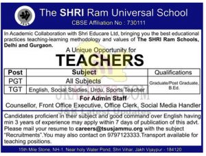 The SHRI Ram Universal Schools Jammu Jobs.