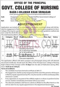 Govt College Of Nursing Srinagar Jobs Recruitment 2021.