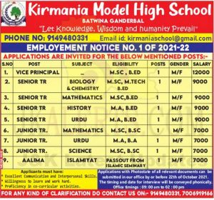 Kirmania Model School Jobs Recruitment 2021.