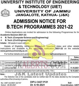 UIET Jammu university B.Tech Admission 2021-22.