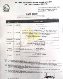 JKBOSE Class 10th Date Sheet Kashmir. Jammu and Kashmir Board of School Education JKBOSE Class 10th Date sheet Kashmir Division released today. Download JKBOSE Class 10th Date sheet.