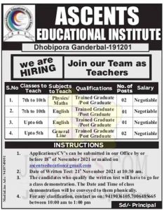 Teacher jobs in ASCENTS Educational Institute.