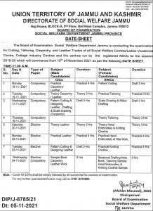 Board of Examination Social Welfare Department Jammu Date Sheet.