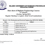 IUST Date sheet of Diploma Engineering courses