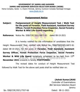 JKSSB Postponed walk test for various posts.