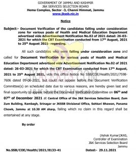JKSSB Document Verification for various posts of Health and Medical Education Department.