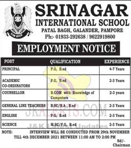 Srinagar International School Jobs