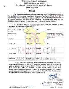JKSSB Notice to the candidate whose post kept to be withheld.
