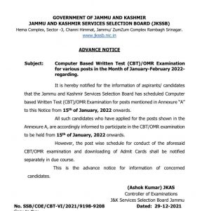 JKSSB CBT Exams in the month of Jan - Feb 2022.