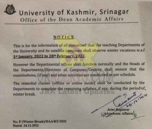 Kashmir university announces winter vacations for its satellite campuses.