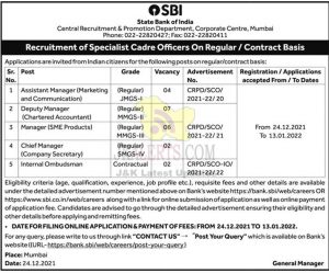 SBI Jobs Recruitment 2021 Special Cadre officers.