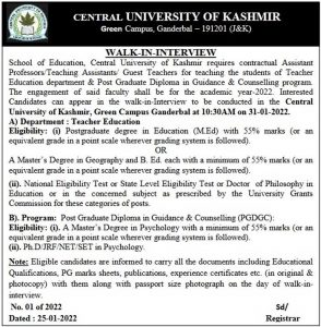 Central University Kashmir Jobs Recruitment 2022.