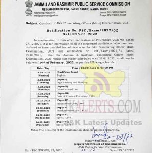 JKPSC Revised Date Sheet for JK Prosecuting Officer (Main) Exam.