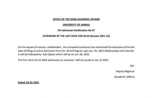 Jammu University Last date of filling M.Ed form extended.