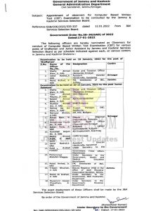 JKGAD Appointment of observers for JKSSB CBT Exam.