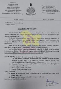 Severe Weather Advisory/Warning for J&K and Ladakh.