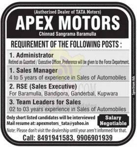 APEX Motors Srinagar Jobs Recruitment 2022.