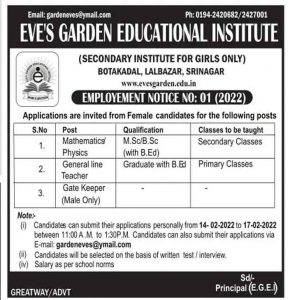 Eve’s Garden Educational Institute Srinagar Jobs