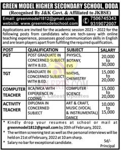 Green Model School Doda Jobs Recruitment 2022.