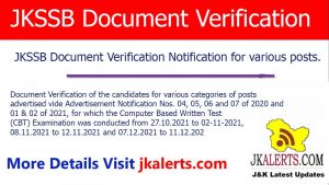JKSSB Document Verification Notification for various posts.
