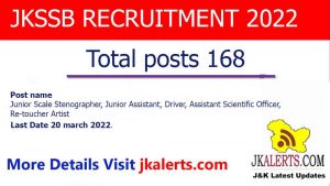 JKSSB Jobs Recruitment 2022 Fresh 168 posts.