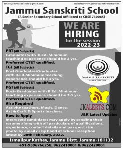 Jammu Sanskriti School Jammu Jobs Recruitment 2022.