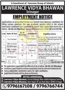Lawrence Vidya Bhawan Srinagar Jobs Recruitment 2022