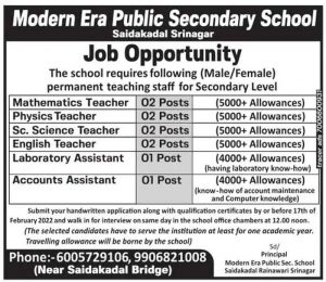 Modern Era Public Secondary School Srinagar Jobs