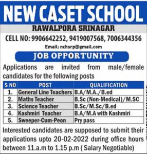 New Caset School Srinagar jobs recruitment 2022.