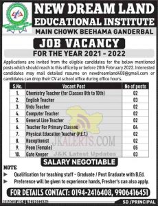 New Dream Land Educational Institute Srinagar Jobs Recruitment 2022.