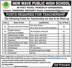 New Wave Public High School Srinagar Jobs