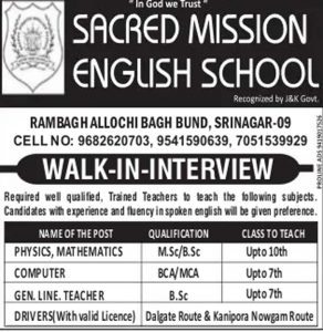 Sacred Mission English School Srinagar Jobs Recruitment 2022