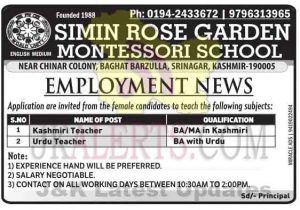 Simin Rose Garden Montessori School Srinagar Jobs.