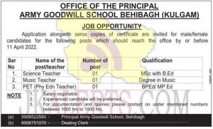 Army Goodwill School Srinagar Jobs