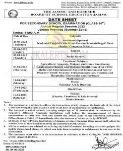 JKBOSE Class 10th Date Sheet Jammu Province.