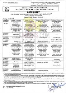 JKBOSE Class 12th Date Sheet Jammu Summer Zone.