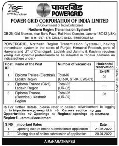 Powergrid Jobs Recruitment 2022 J&K | Ladakh.