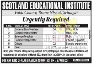 Scotland Educational Institute Srinagar jobs recruitment 2022.