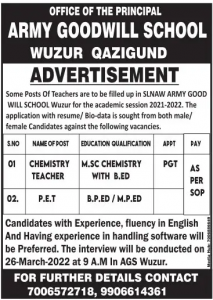 Army Goodwill School Qazigund Jobs Recruitment 2022.