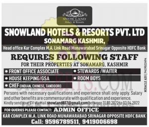 Snowland Hotels and Resorts Sonamarg Jobs.