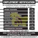 Teacher Jobs in Al-Fajr International Islamic School Srinagar.