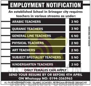 Teacher Jobs in Al-Fajr International Islamic School Srinagar.