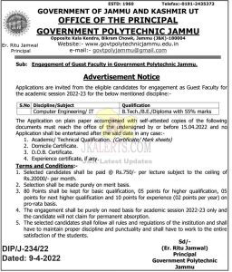Govt Polytechnic Jammu Jobs Recruitment 2022.